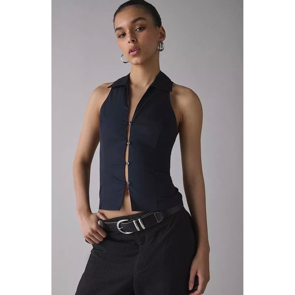 Urban Outfitters Black Halter Button Up Collared‎ Sleeveless Top Slim Fit